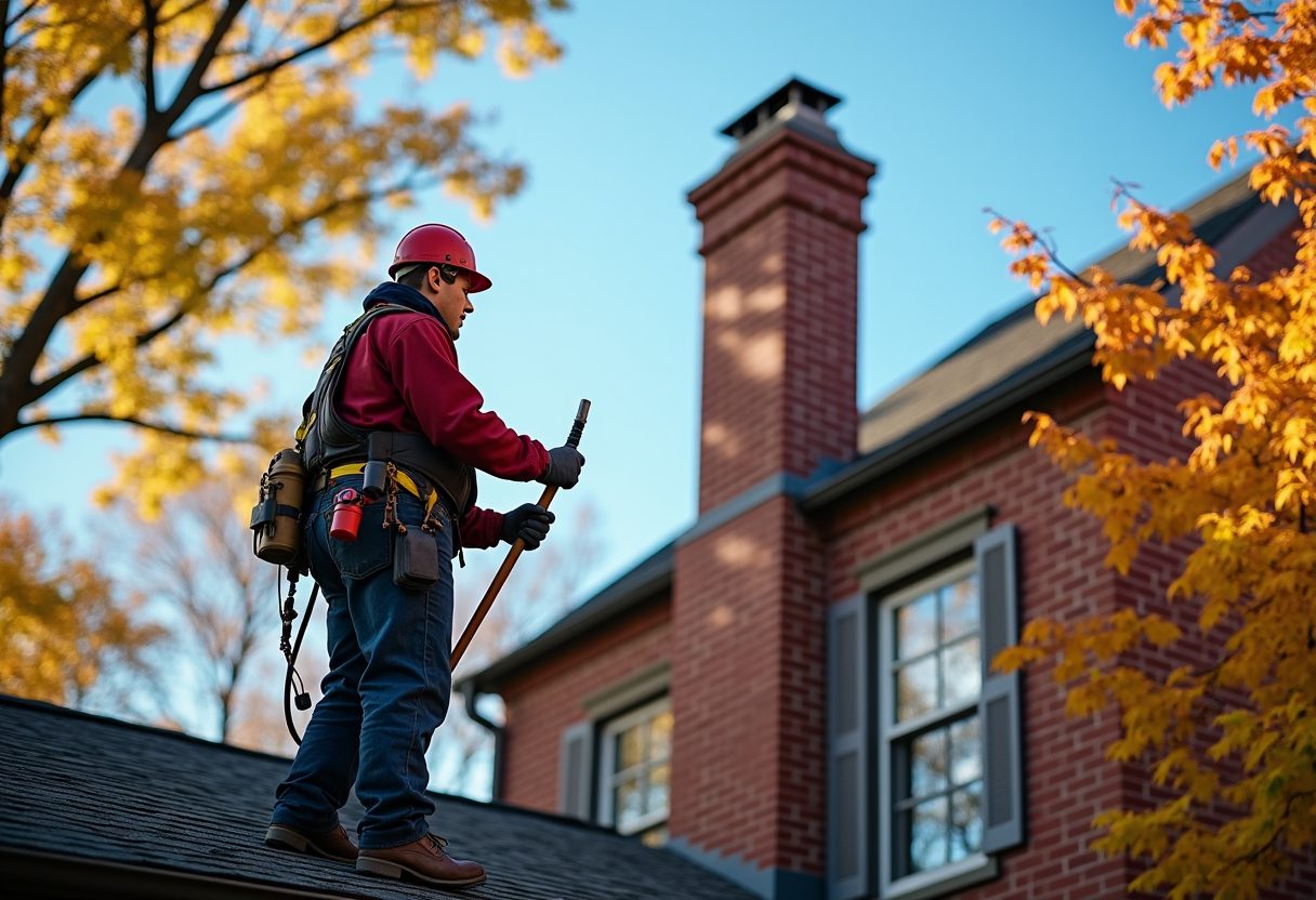 Chimney sweep on the roof of a brick colonial home — Lynnwood