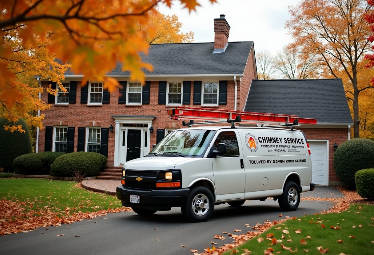 Chimney service van in a colonial home driveway — Lynnwood